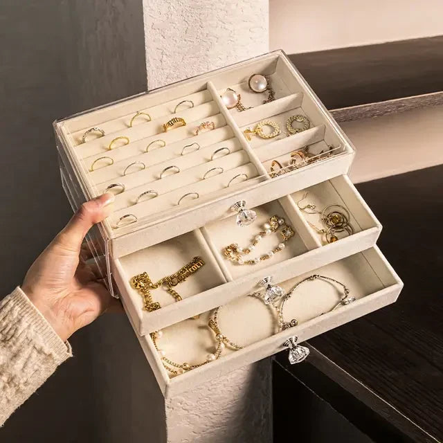 Luxe Vanity Box – 3-Layer Velvet Jewellery Organizer | Rings, Chains & Earrings