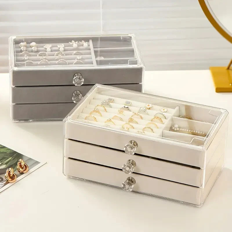 Luxe Vanity Box – 3-Layer Velvet Jewellery Organizer | Rings, Chains & Earrings