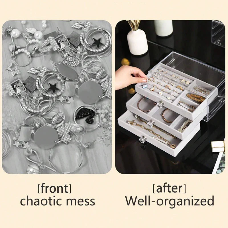 Luxe Vanity Box – 3-Layer Velvet Jewellery Organizer | Rings, Chains & Earrings
