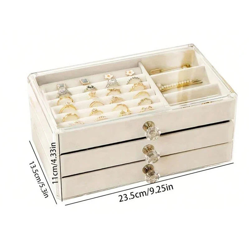 Luxe Vanity Box – 3-Layer Velvet Jewellery Organizer | Rings, Chains & Earrings