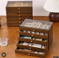 Premium 5-Tier Wooden Jewelry Organizer Box – Transparent Lid & Velvet Drawers