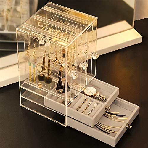 Velvet Acrylic Earring Holder & Jewelry Organizer – 3 Slide-Out Panels & 2 Drawers