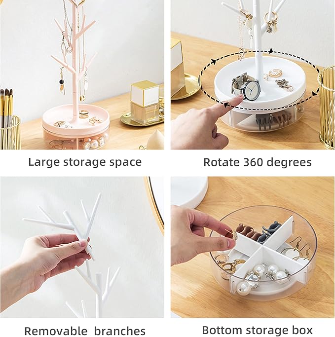 360° Rotating Antler Tree Jewelry Organizer & Acrylic Storage Base