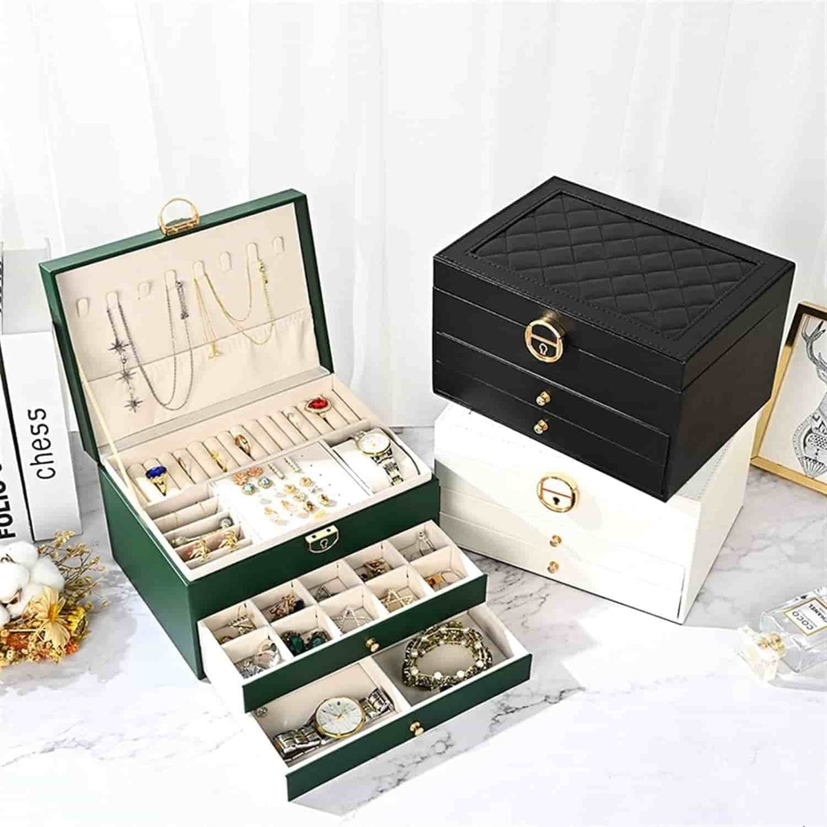 Luxury 3-Layer PU Leather Jewelry Organizer Box with Lock & Drawers (Black) – Image 2