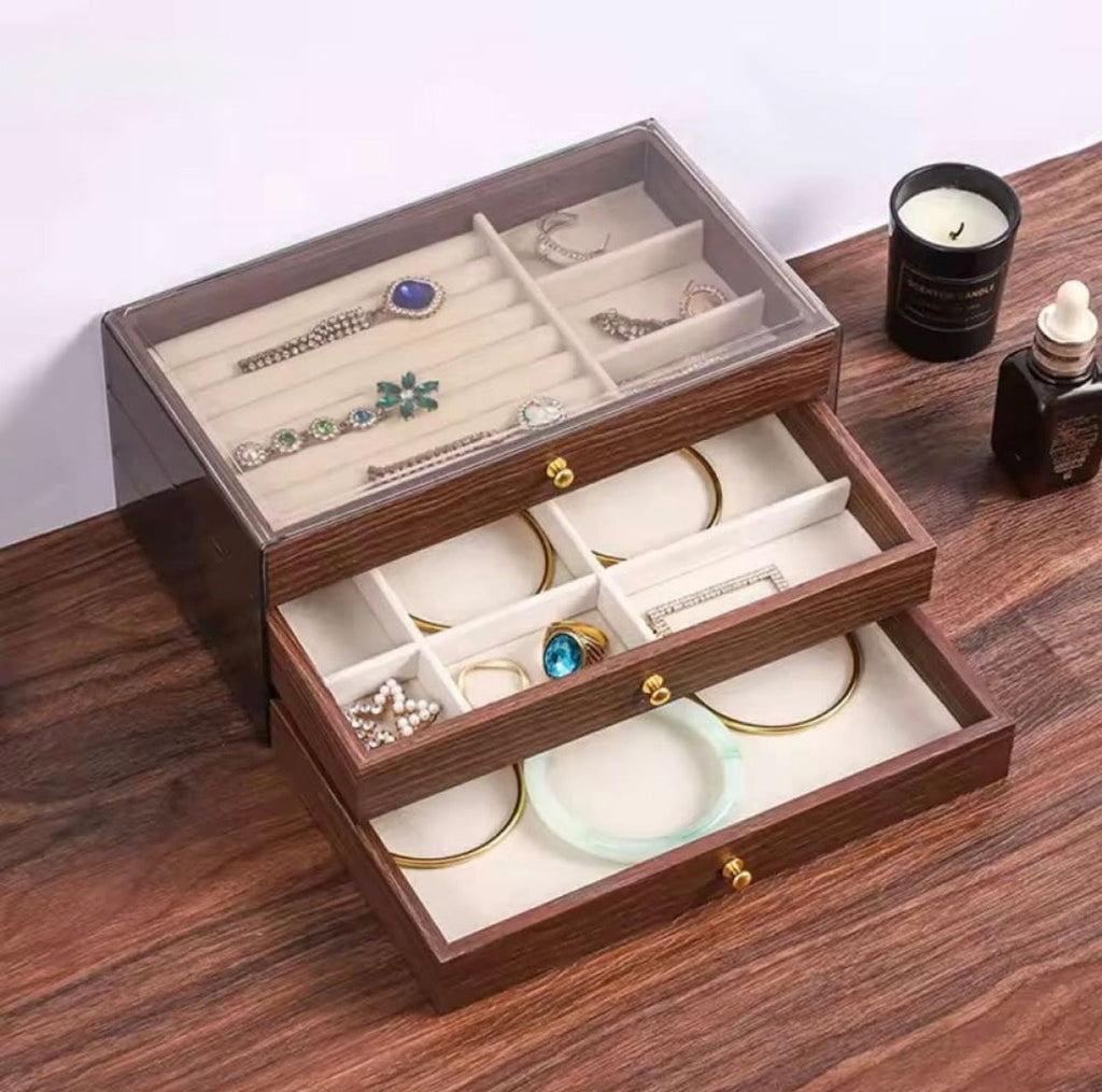Luxury 3-Layer Wooden Jewelry Organizer Box with Glass Display & Velvet Compartments – Image 4