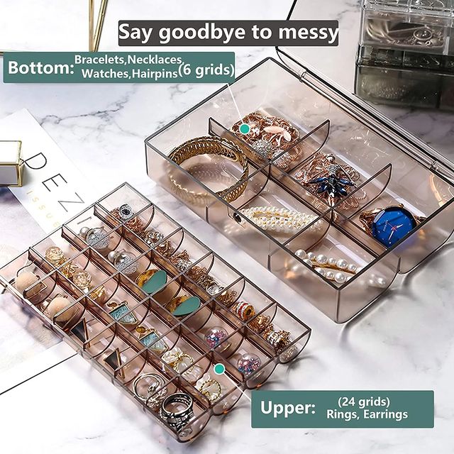 2-Layer Clear Acrylic Jewelry Organizer Box | Anti-Tangle Storage for Rings, Earrings & Necklaces