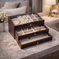 Luxury 3-Layer Wooden Jewelry Organizer Box with Glass Display & Velvet Compartments