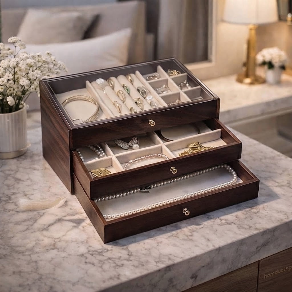 Luxury 3-Layer Wooden Jewelry Organizer Box with Glass Display & Velvet Compartments