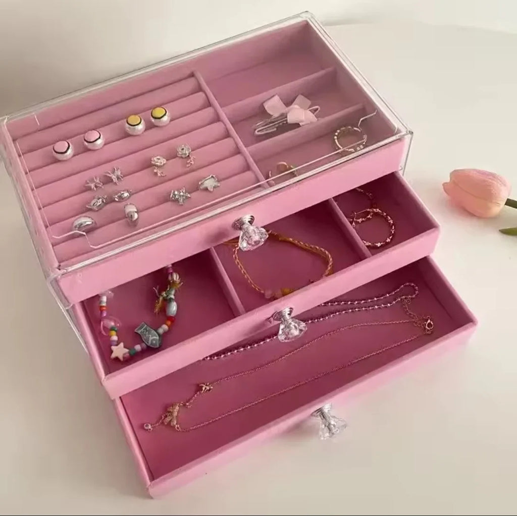 Luxe Vanity Box – 3-Layer Velvet Jewellery Organizer | Rings, Chains & Earrings