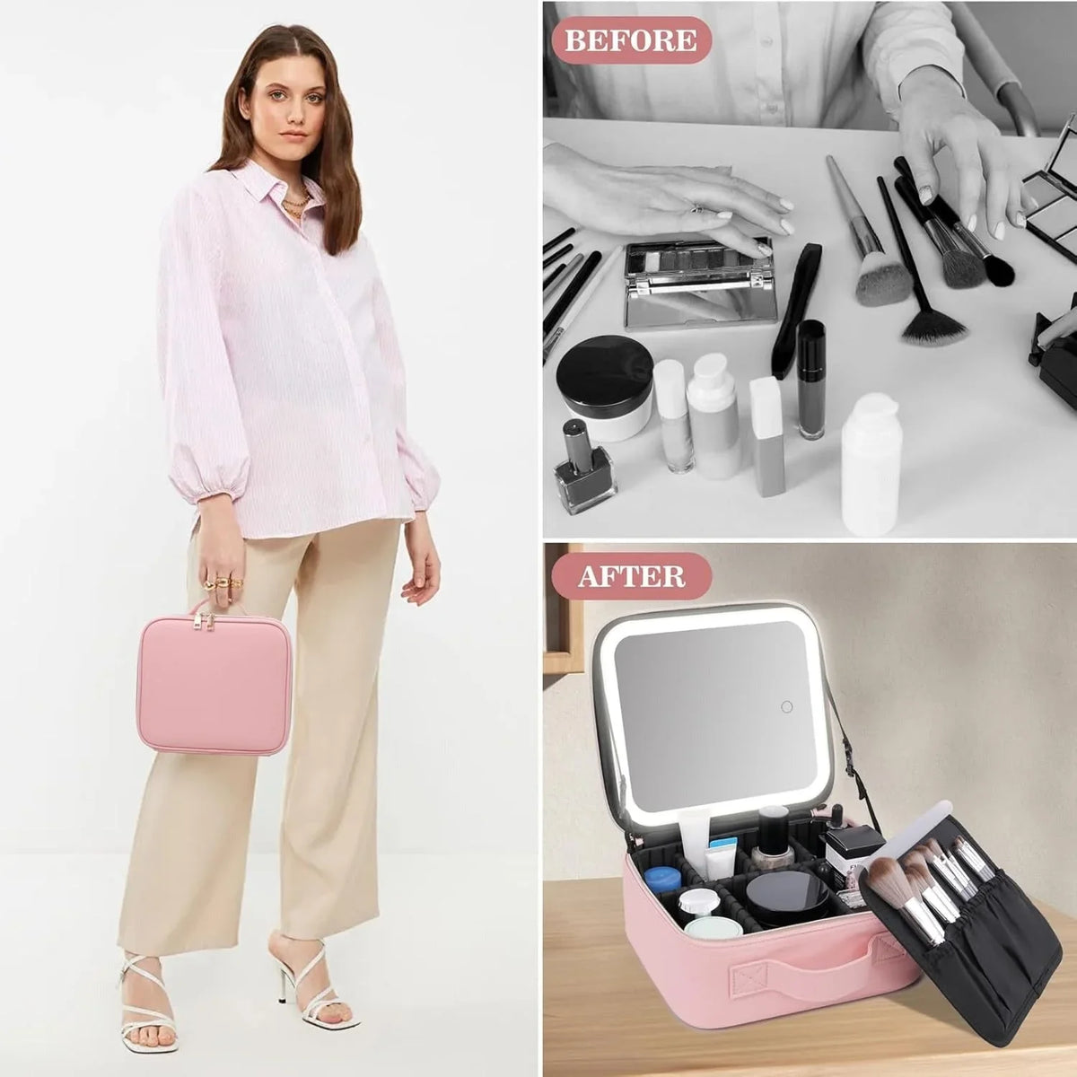 Smart LED Makeup Case with Mirror - Portable Lighted Storage