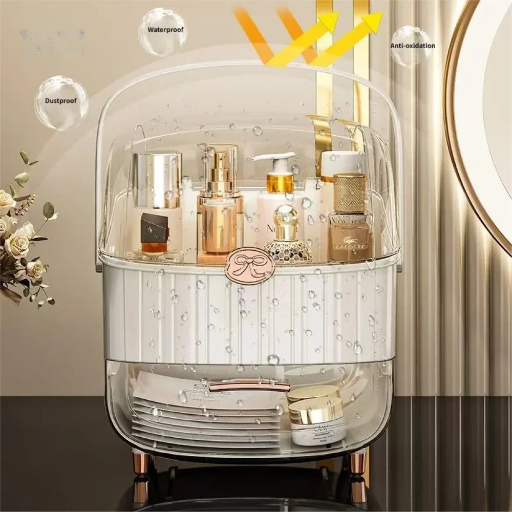 LUXORMOVE Dustproof Desktop Makeup Organizer with Lid & Drawers – Skincare & Cosmetic Storage Box