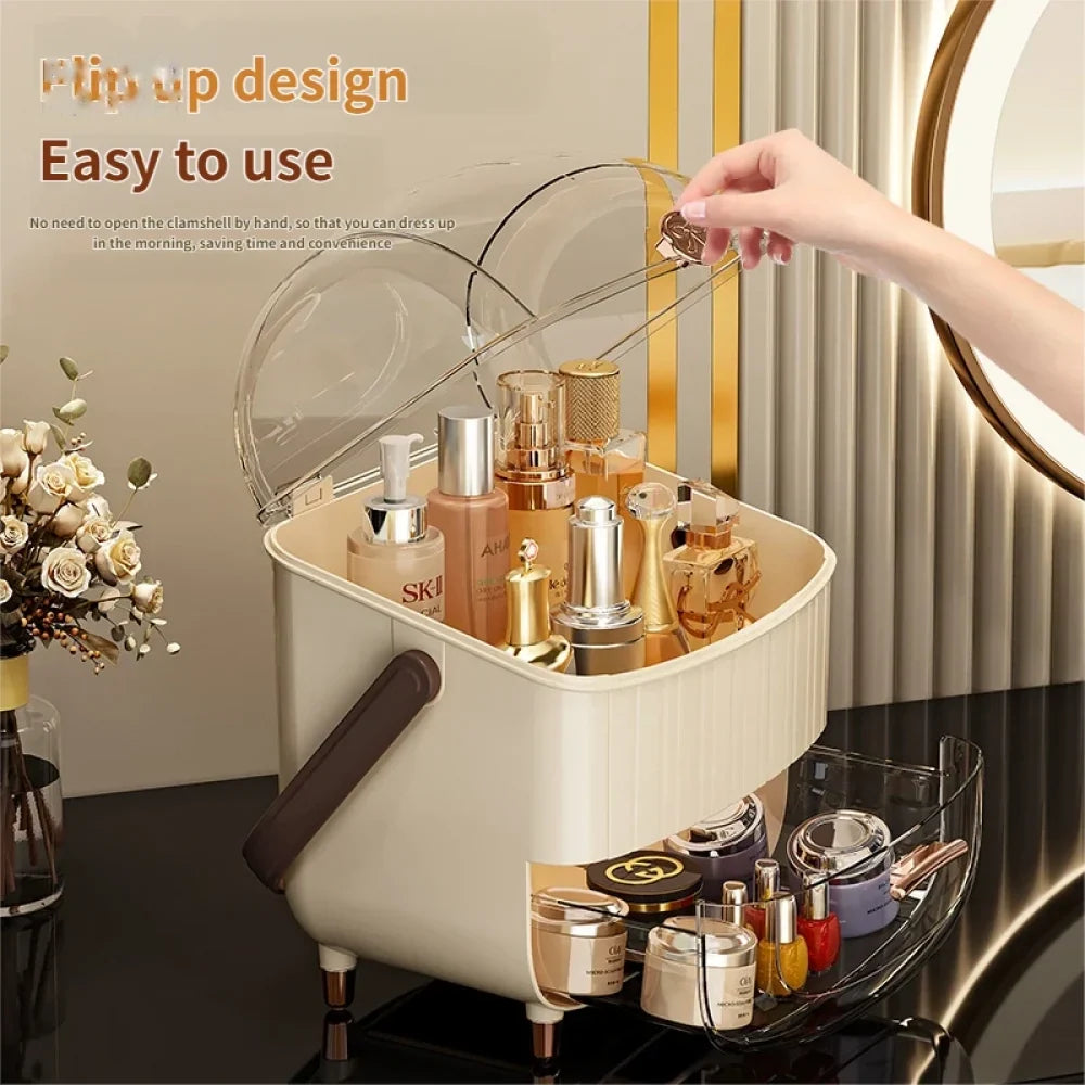 LUXORMOVE Dustproof Desktop Makeup Organizer with Lid & Drawers – Skincare & Cosmetic Storage Box