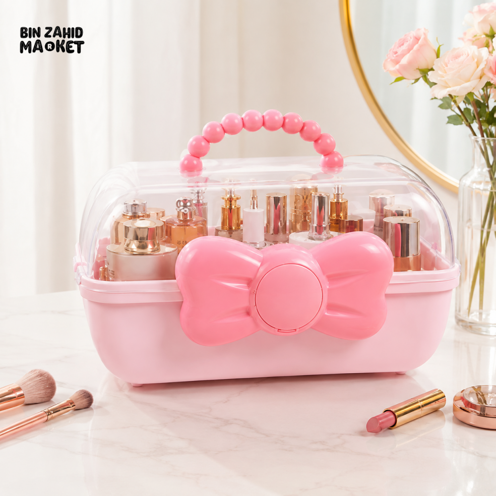 Portable Makeup Organizer Vanity Box with Clear Cover & Bow Handle