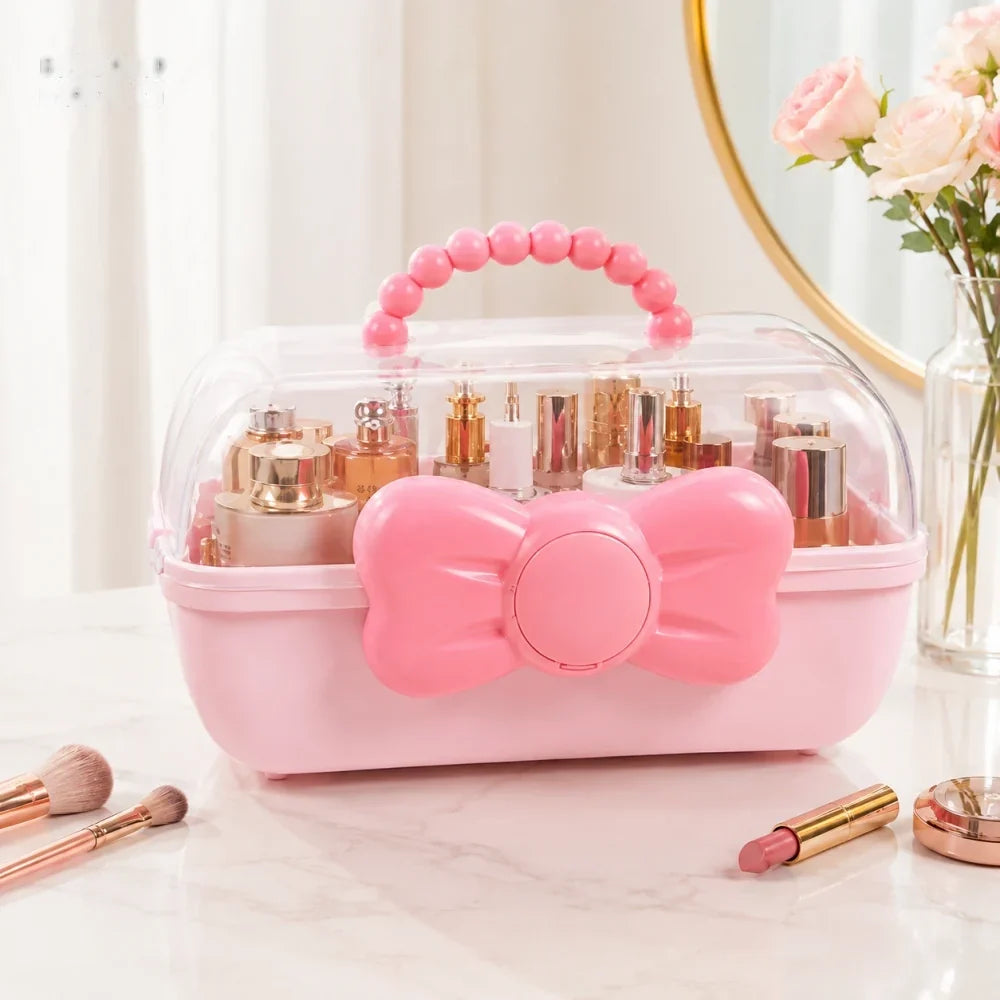 Portable Makeup Organizer Vanity Box with Clear Cover & Bow Handle