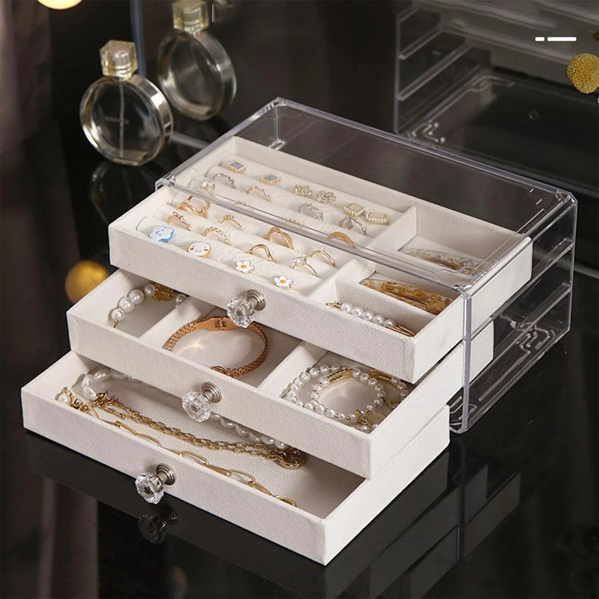 Luxe Vanity Box – 3-Layer Velvet Jewellery Organizer | Rings, Chains & Earrings