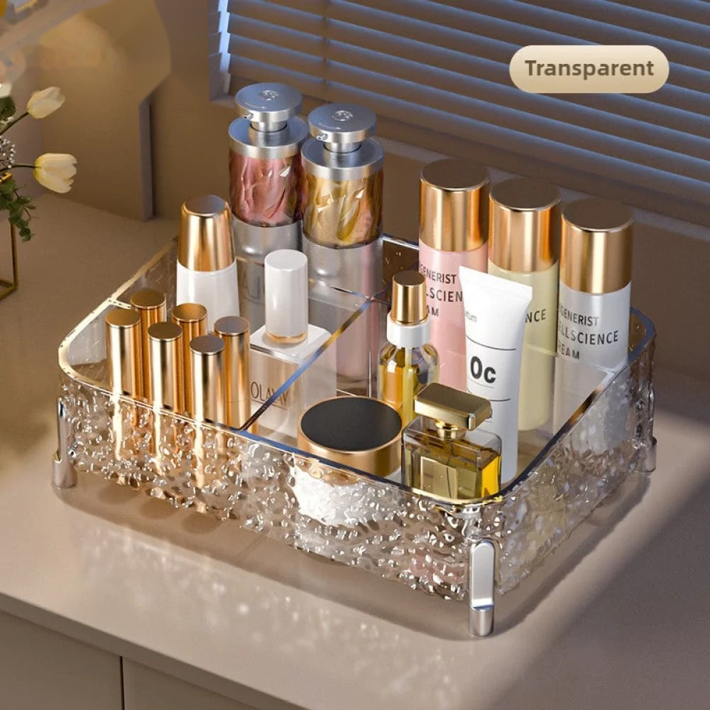 Vanity Desktop Makeup Organizer – Clear Divided Cosmetic Box with Lipstick & Brush Compartments